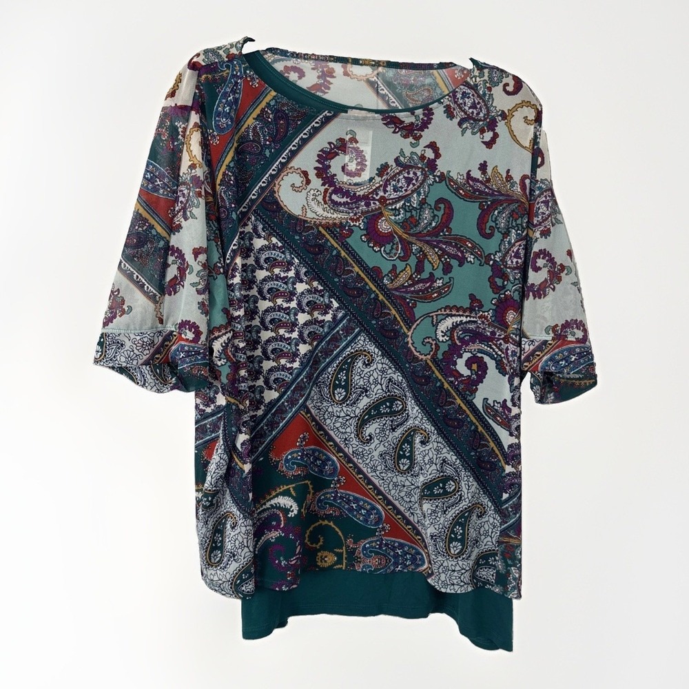 Chico's Overlay Tee Knit Top Womens 2 Teal Multicolor Paisley 3/4 Sleeve Boho